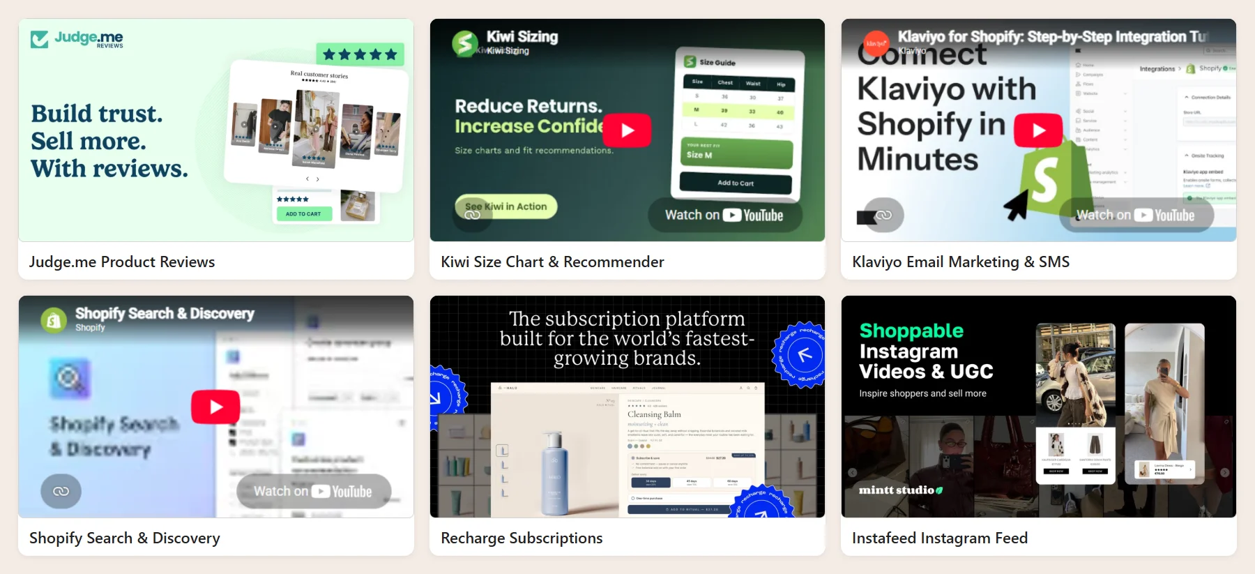 Halaman Shopify App Store bagi Judge.me, Kiwi Size Chart, Klaviyo, Shopify Search & Discovery, Recharge dan Instafeed