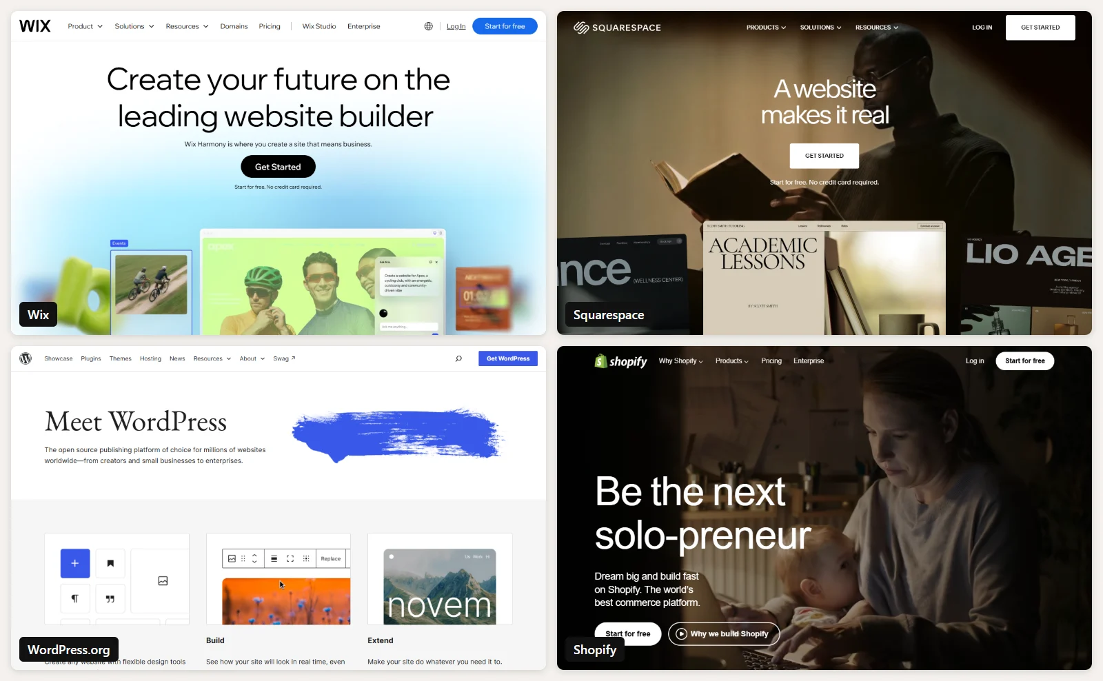 Halaman utama Wix, Squarespace, WordPress.org dan Shopify