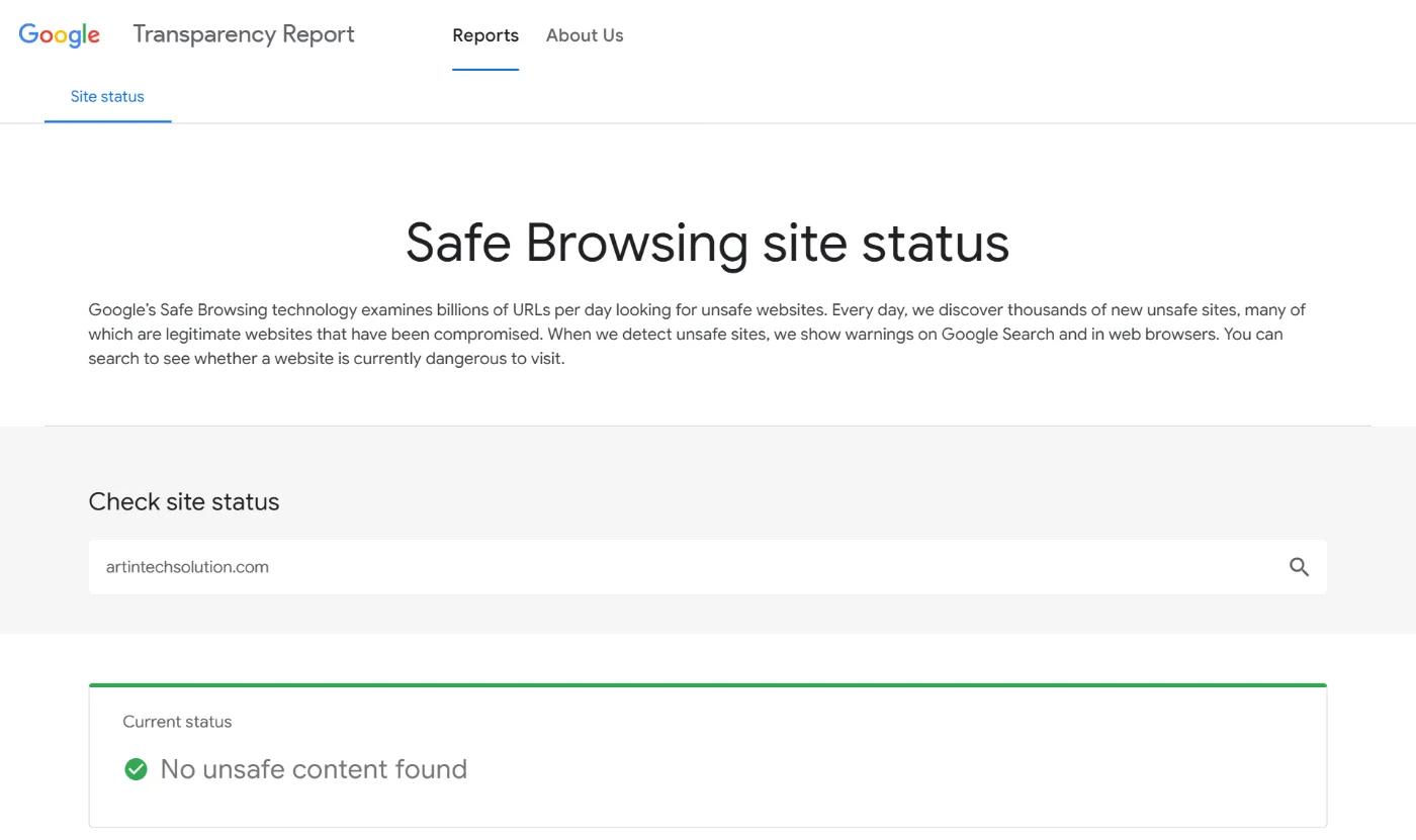 Semakan status laman Google Safe Browsing menunjukkan tiada kandungan tidak selamat ditemui