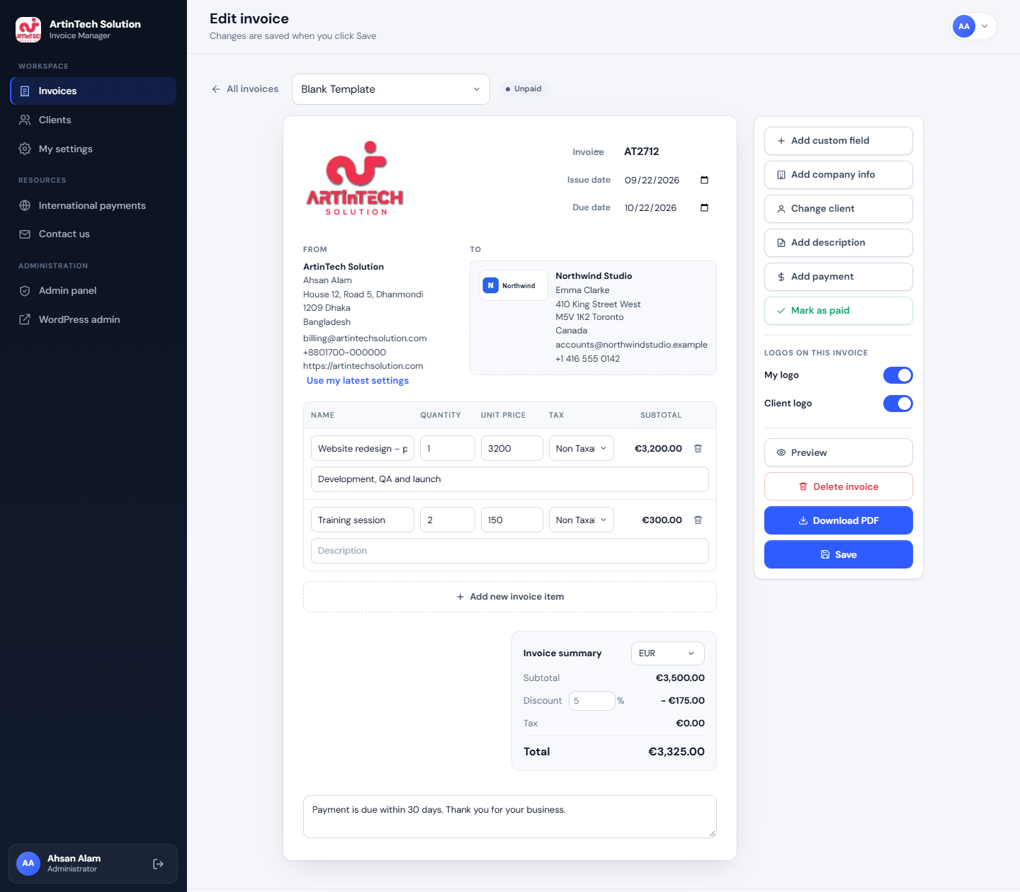 Éditeur de facture avec lignes, remise, informations client et interrupteurs de logo