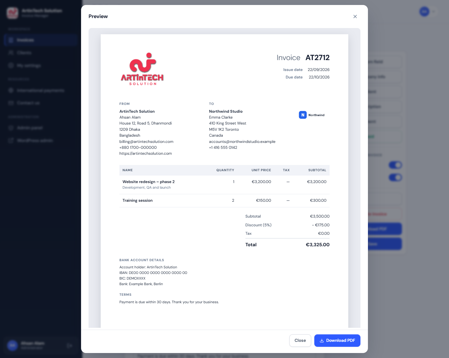 Aperçu PDF de la facture avec les logos de l'émetteur et du client, les coordonnées bancaires et les conditions de paiement