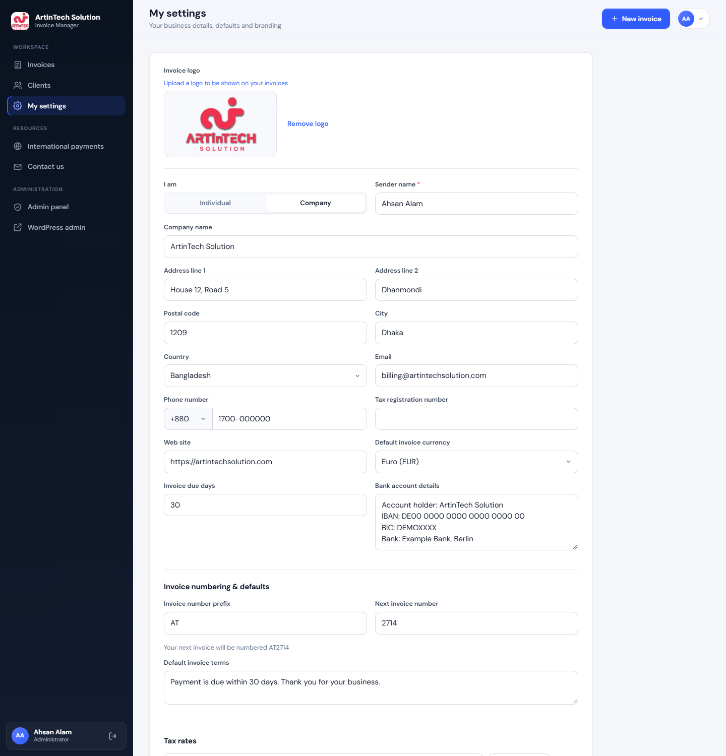 Réglages du compte avec logo, adresse de l'entreprise, devise, coordonnées bancaires et numérotation des factures