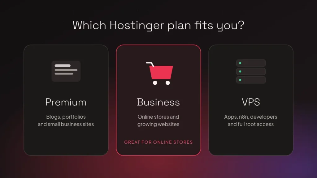 Sammenligning af Hostingers planer Premium, Business og VPS, og hvem hver enkelt passer til