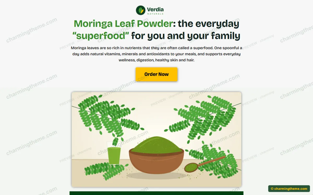 Hero section of a one-product landing page built with free Elementor: headline, short promise and an Order Now button