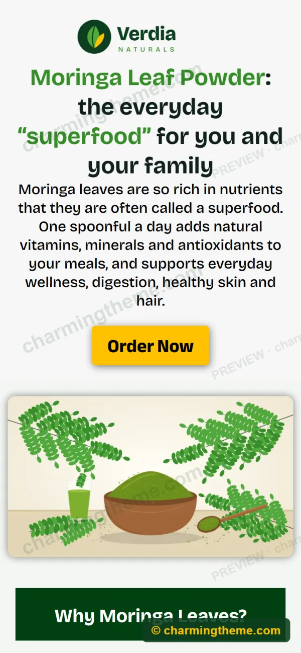 One-product landing page on a phone: headline, promise and Order Now button