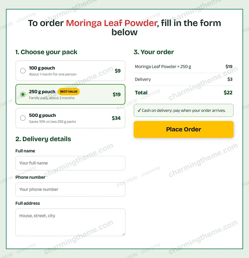 Order form with pack cards, delivery details and a live total, built with one HTML widget in free Elementor