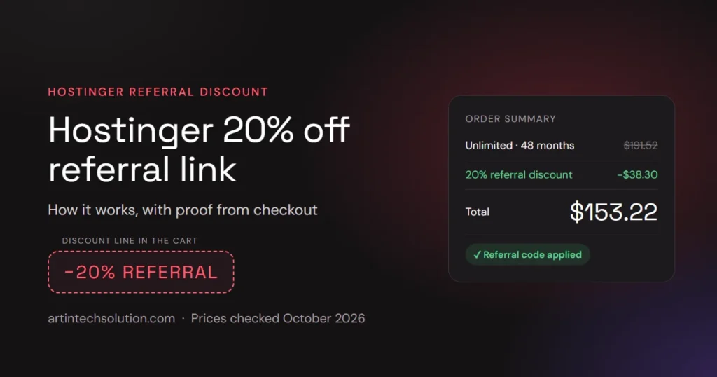 Hostinger 20% off referral link: cart summary with the 20% referral discount applied
