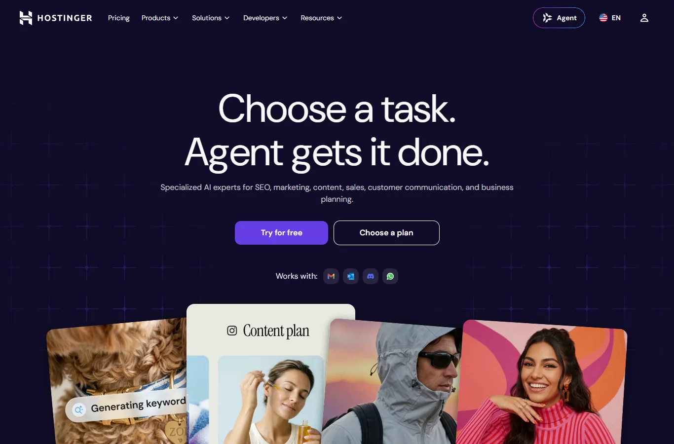 Hostinger Agent homepage: "Choose a task. Agent gets it done." with Try for free and Choose a plan buttons