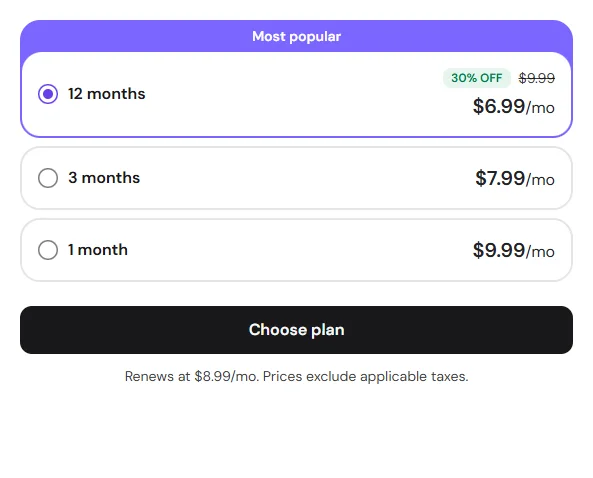Hostinger Agent plans: 12 months $6.99, 3 months $7.99, 1 month $9.99 a month