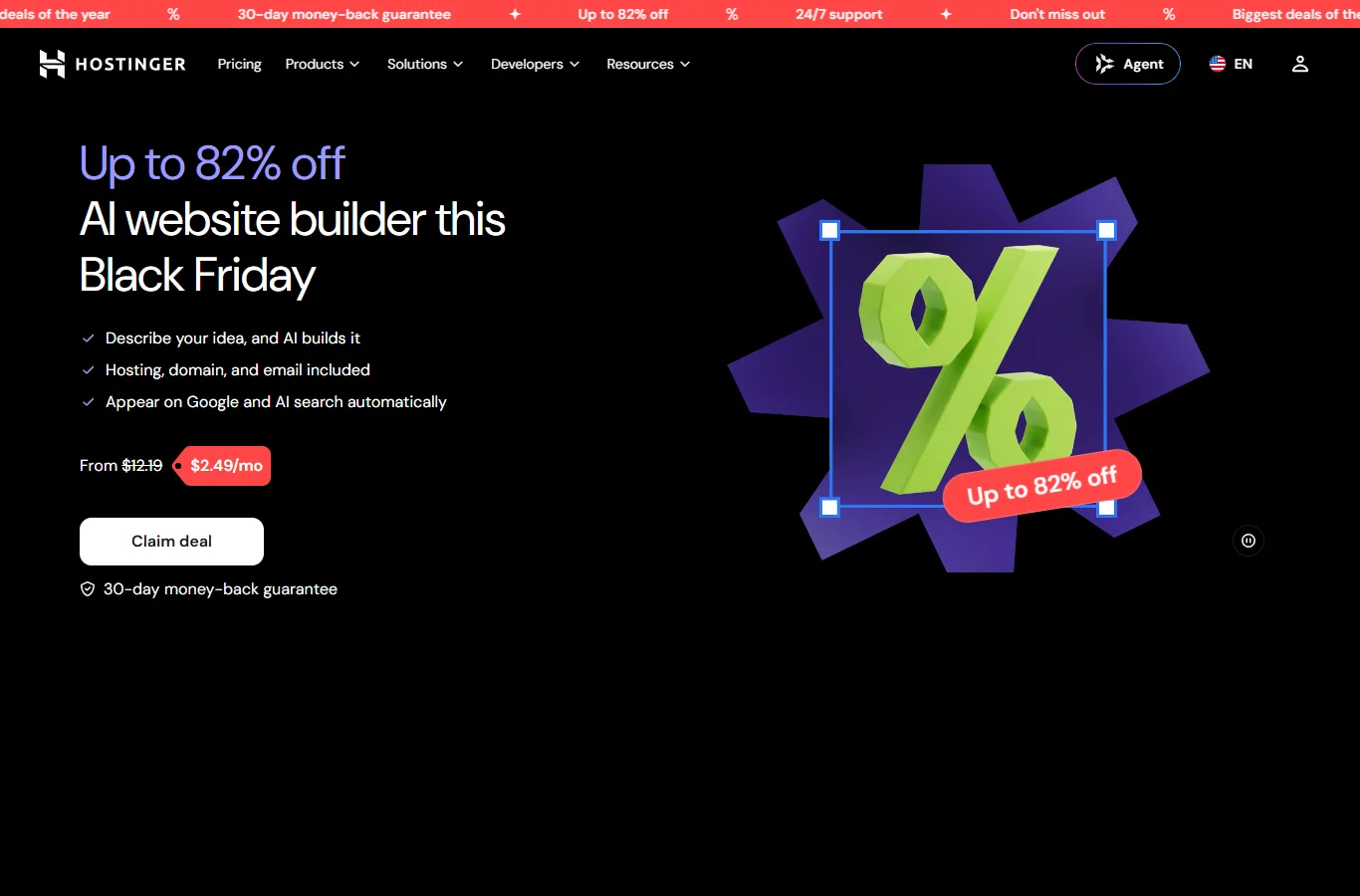 Hostinger AI Website Builder Black Friday page: describe your idea and AI builds it, with hosting, domain and email included