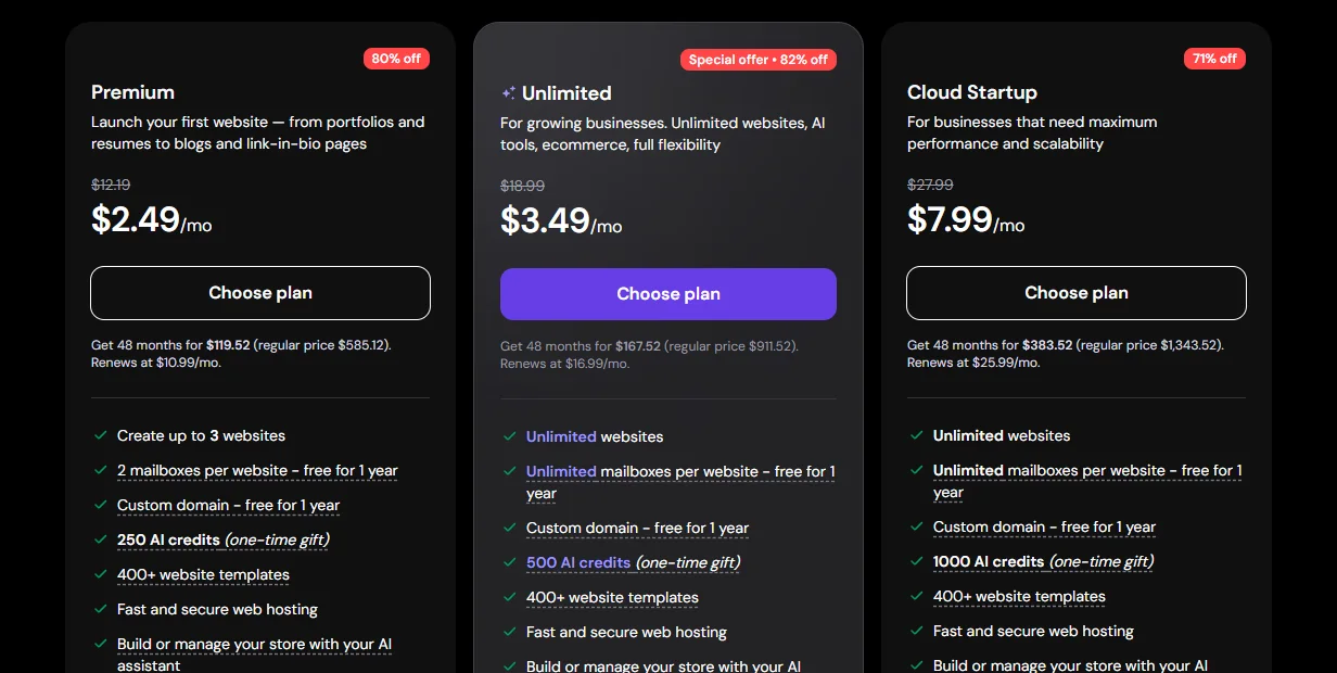 Hostinger AI Website Builder plans in the Black Friday sale: Premium $2.49, Unlimited $3.49 and Cloud Startup $7.99 a month on 48 months