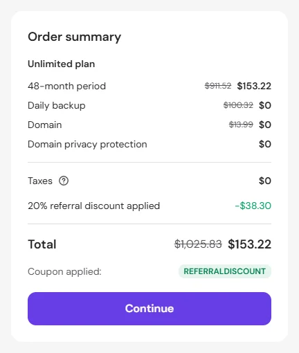 Hostinger cart order summary for the Unlimited plan showing "20% referral discount applied" of -$38.30 and a total of $153.22