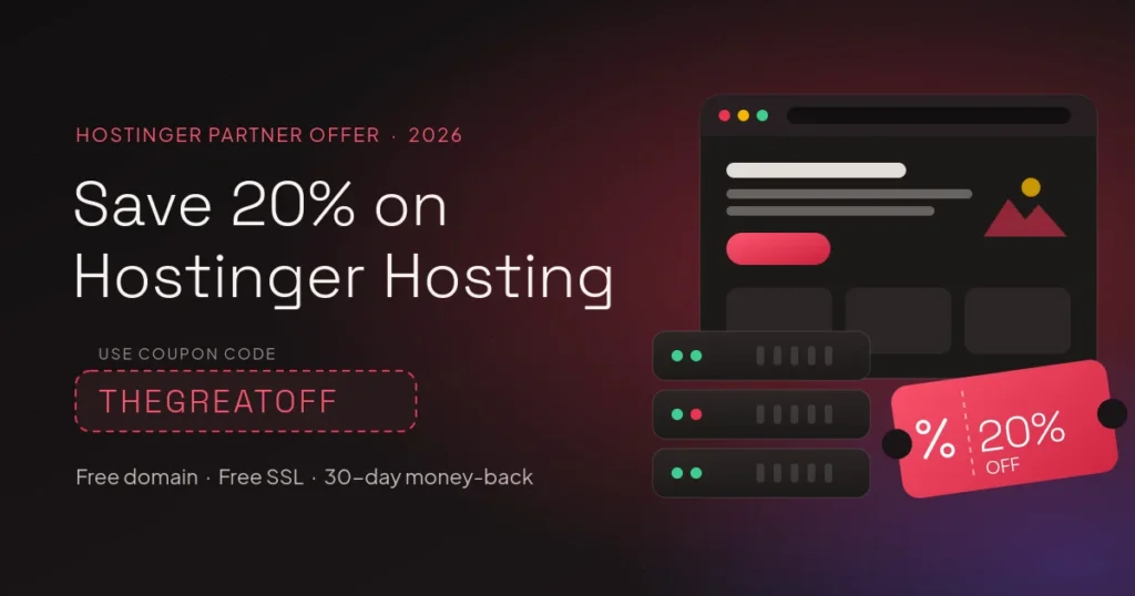 Illustration of a Hostinger 20% off coupon ticket next to a website and server stack, with the coupon code THEGREATOFF
