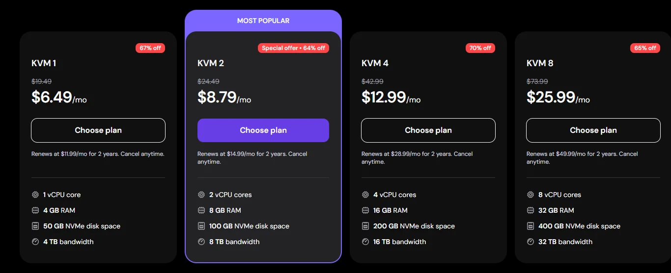 Hostinger KVM VPS sale prices: KVM 1 $6.49, KVM 2 $8.79, KVM 4 $12.99 and KVM 8 $25.99 a month on 24 months