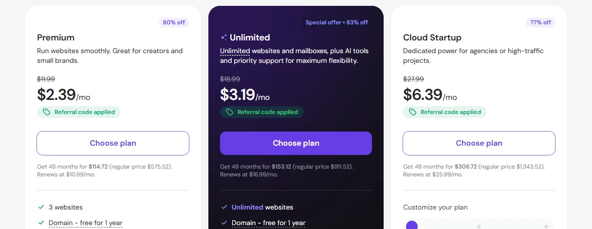 Hostinger pricing page with the referral code applied: Premium $2.39, Unlimited $3.19 and Cloud Startup $6.39 a month on a 48-month term