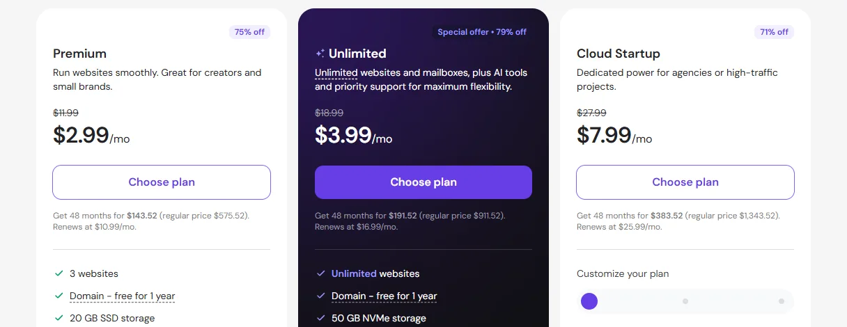 Hostinger pricing page without a referral link: Premium $2.99, Unlimited $3.99 and Cloud Startup $7.99 a month on a 48-month term
