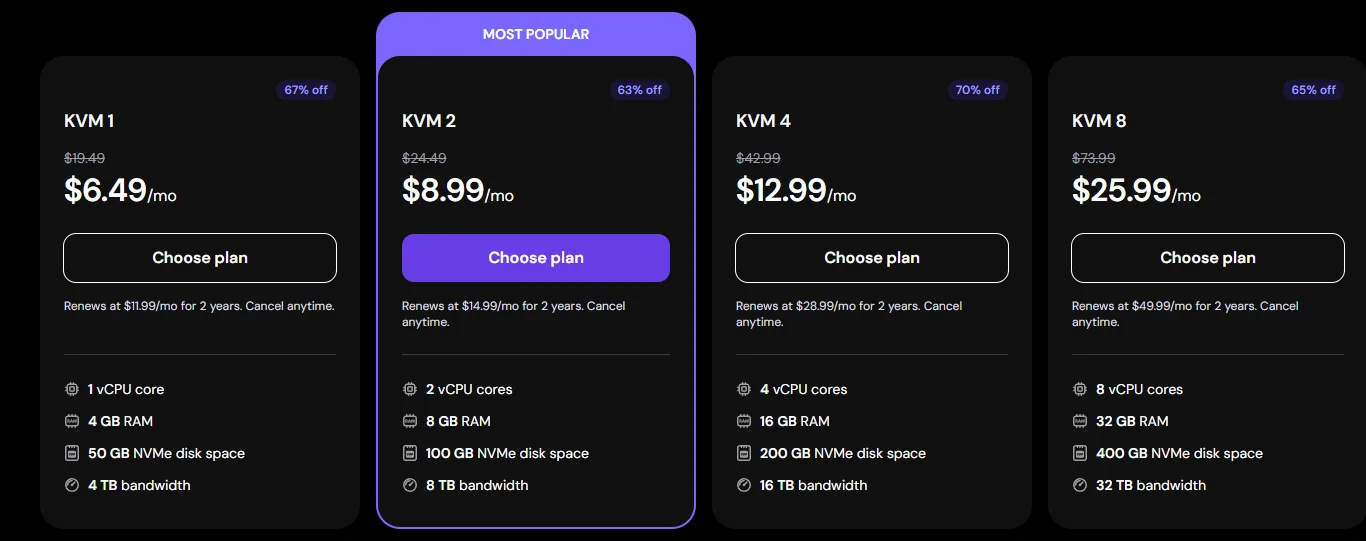 Hostinger VPS plans on a 24-month term: KVM 1 $6.49, KVM 2 $8.99, KVM 4 $12.99 and KVM 8 $25.99 a month
