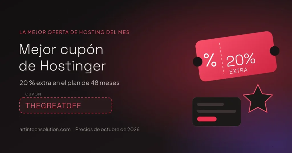 Mejor cupón de Hostinger THEGREATOFF: 20 % extra sobre la mejor oferta de hosting del mes