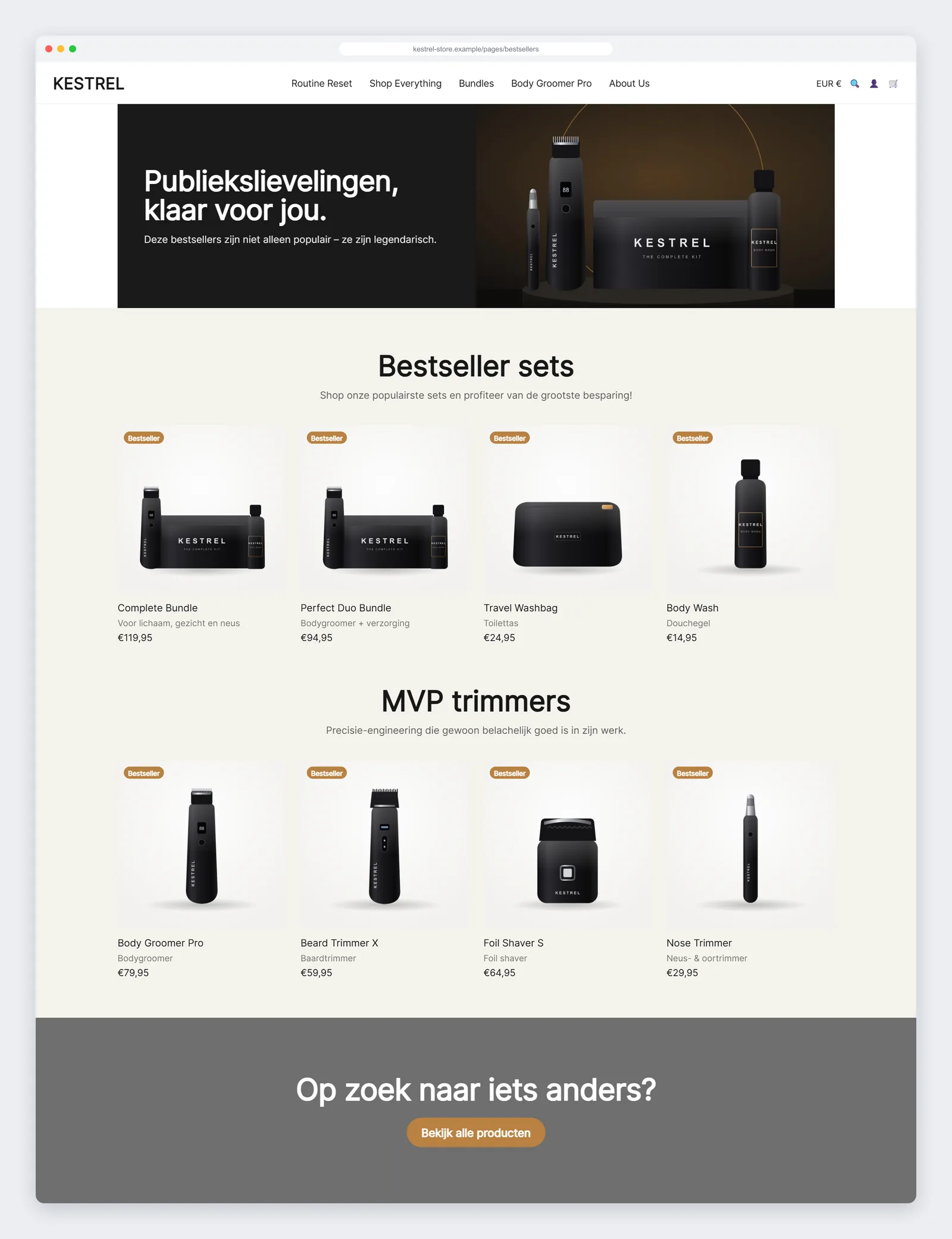 Shopify-sideskabelon til bestsellere med et delt banner, to kuraterede produktrækker og et call to action-banner