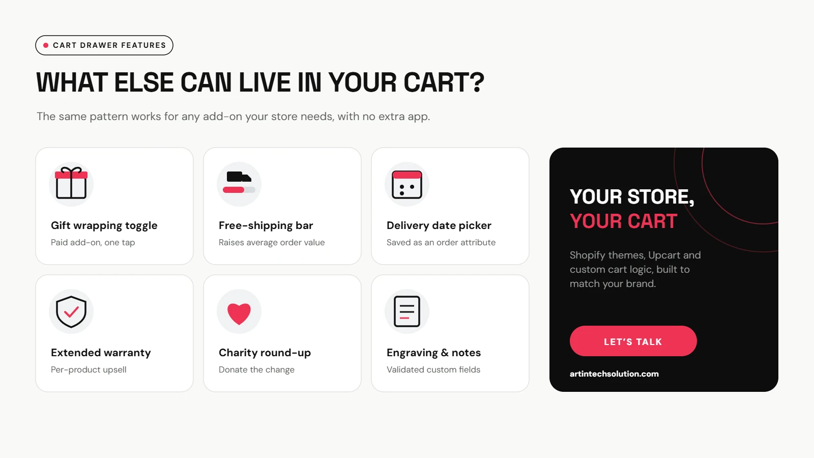 Skræddersyede funktioner til Shopify-kurven: gaveindpakning, fragtfri-bjælke, valg af leveringsdato, garanti, donation og gravering