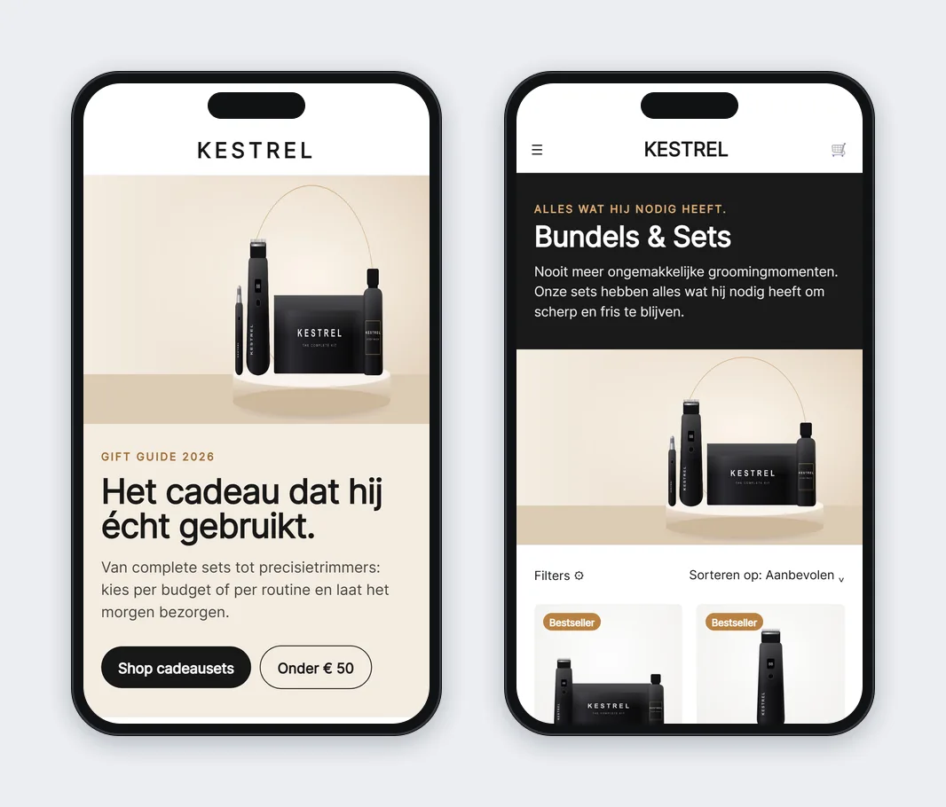 Mobilvisning af den skræddersyede Shopify-gaveguide og kollektionssiderne
