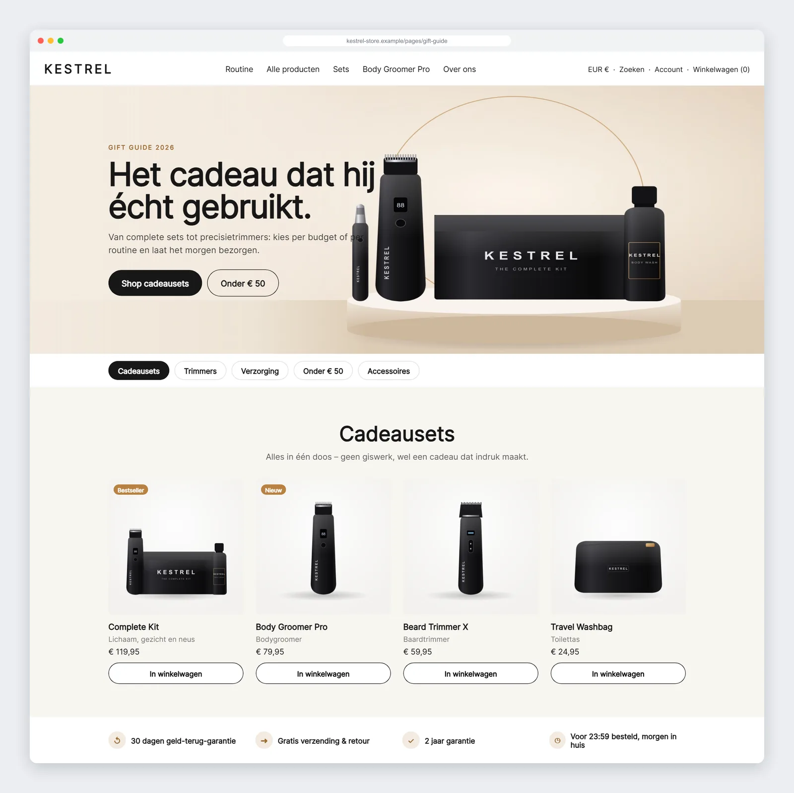 Shopify-sideskabelon til gaveguide med hero, faste kategorilinks, produktgrid og tillidsbjælke