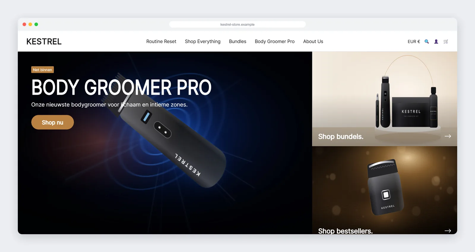 Shopify-sektion med hero-felter på forsiden med ét stort banner og to stablede link-felter