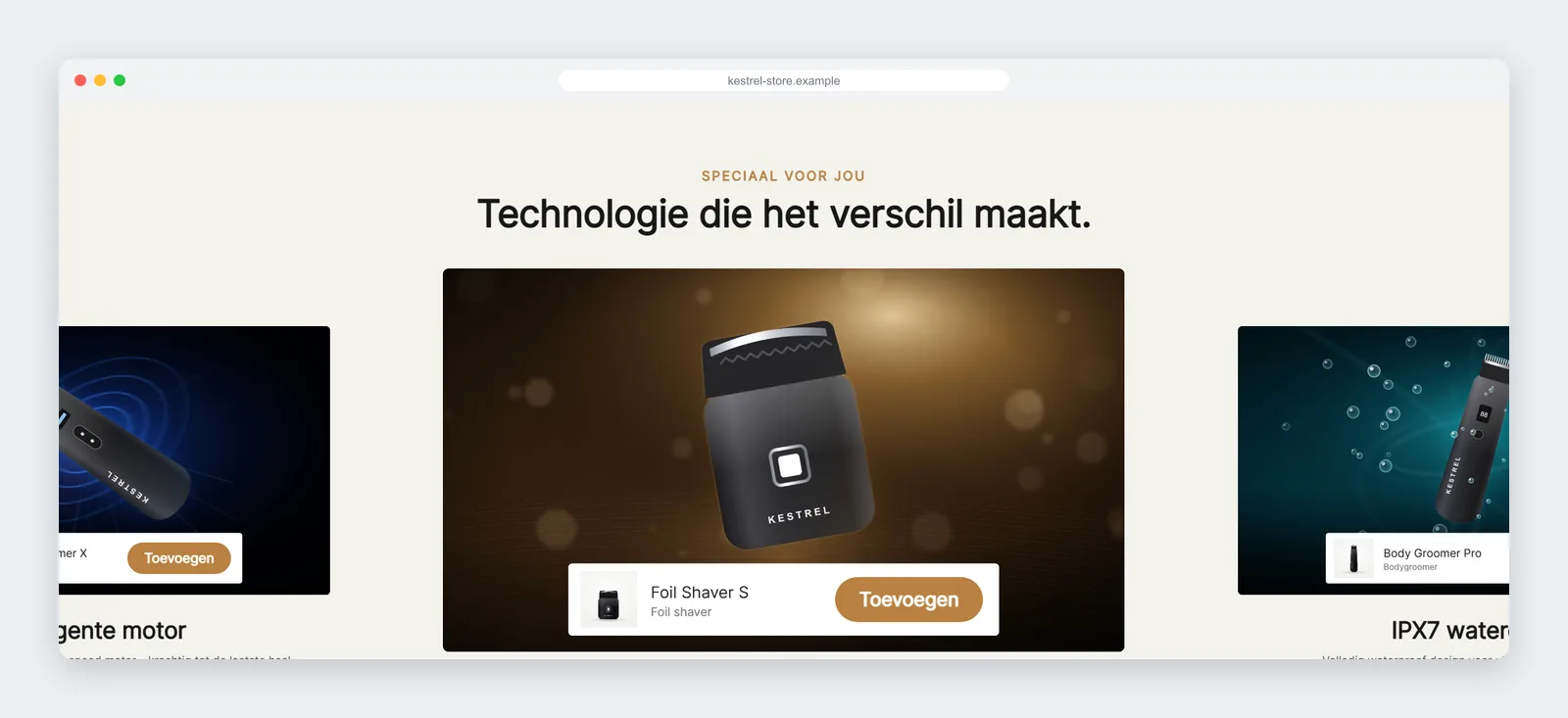 Shopify-sektion med spotlight-galleri med et centreret slide, nedskalerede sideslides og en produktbjælke med læg-i-kurv