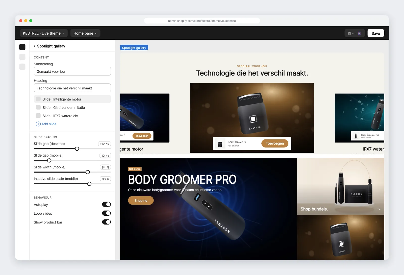 Shopifys temaeditor med indstillinger for afstand mellem slides på computer og mobil i en skræddersyet sektion