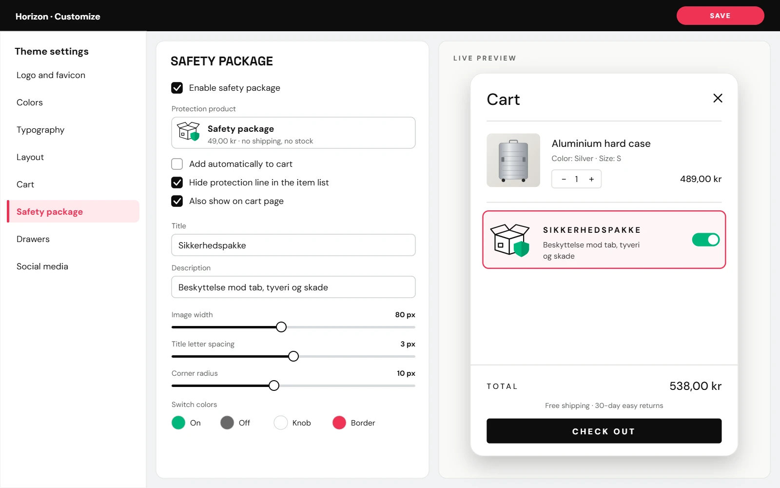 Shopify-temaeditor med indstillinger for Sikkerhedspakke: beskyttelsesprodukt, titel, beskrivelse, størrelser og kontaktens farver
