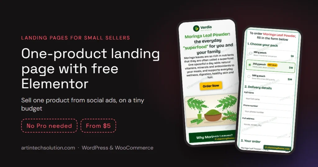 Single product landing page with free Elementor on two phones: hero and order form